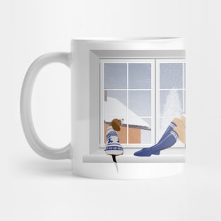 Girl and beagle dog sitting on the window. Mug